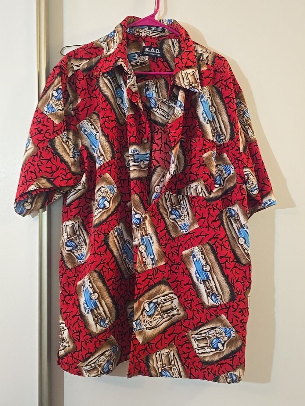 Vintage K.A.D. Men's Multi-Colored Woodie Wagon Button Up Hawaiian Shirt Sz XL